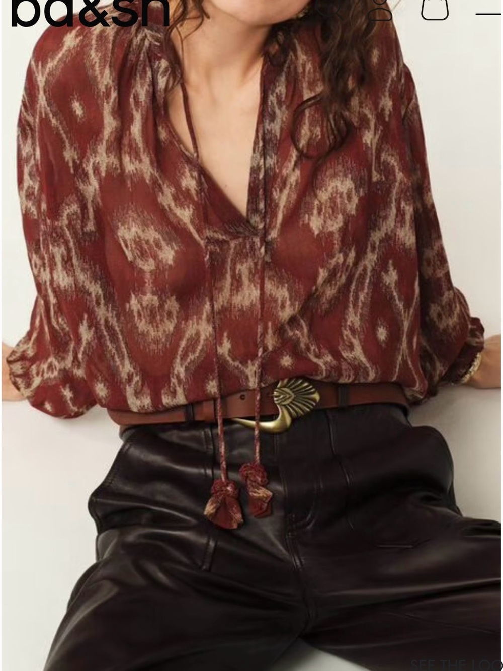 Ba&sh rust Ikat-Print Tie-Neck Blouse